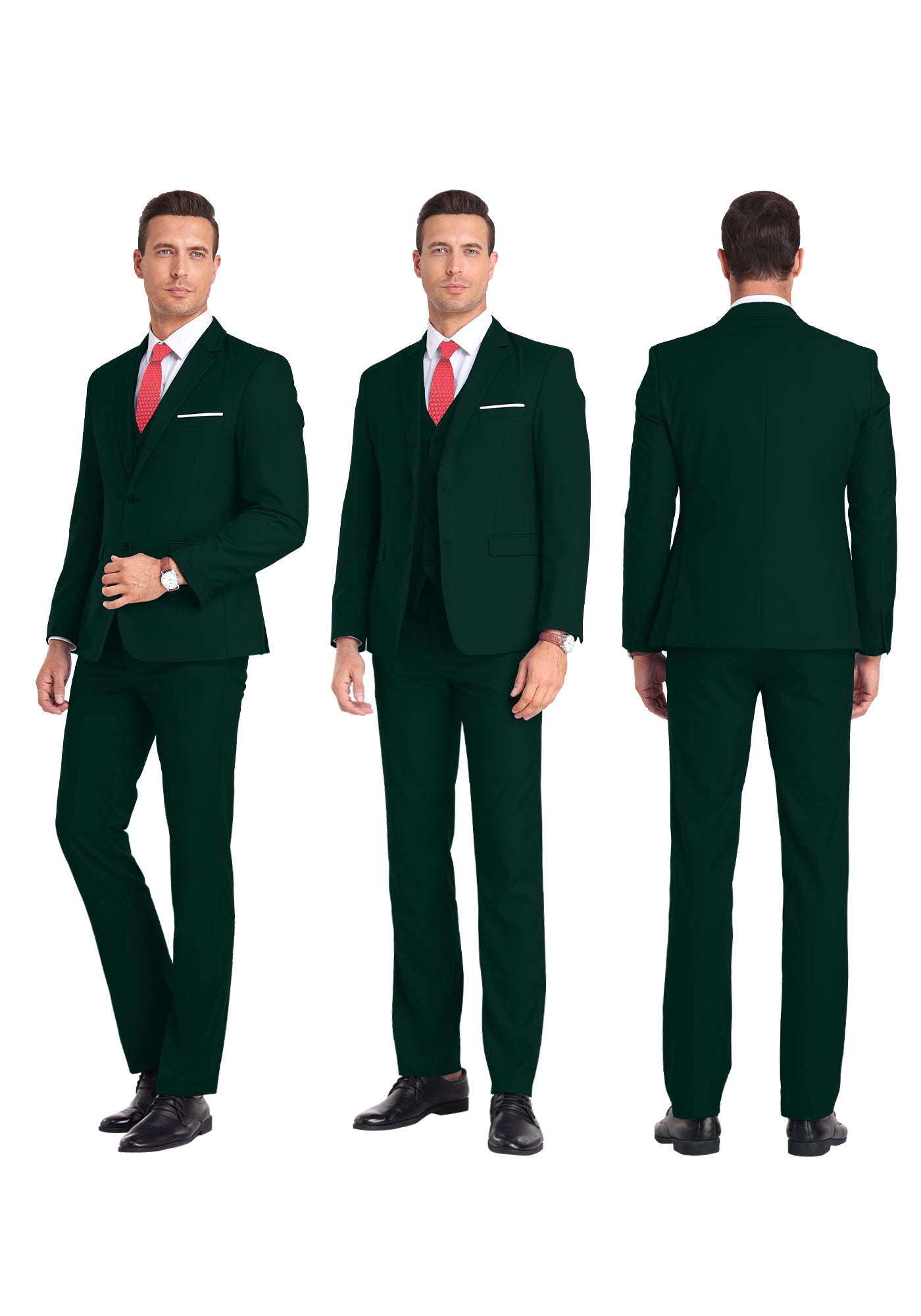 Three-angle view of model in dark green suit from front, side, and rear, highlighting tailored fit