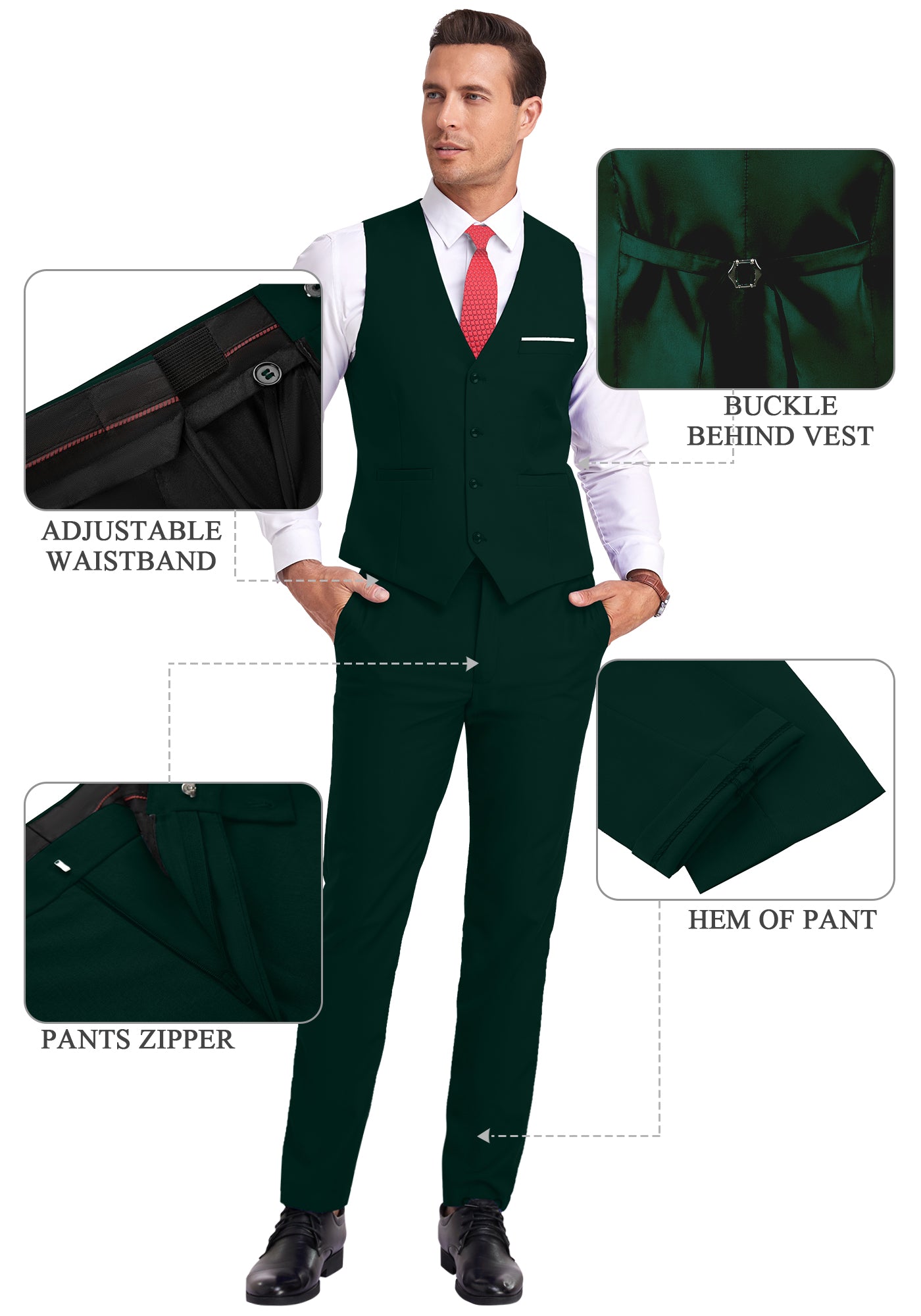 dark green vest and pants displayed on model with zoom-in details on waistband, zipper, and vest buckle