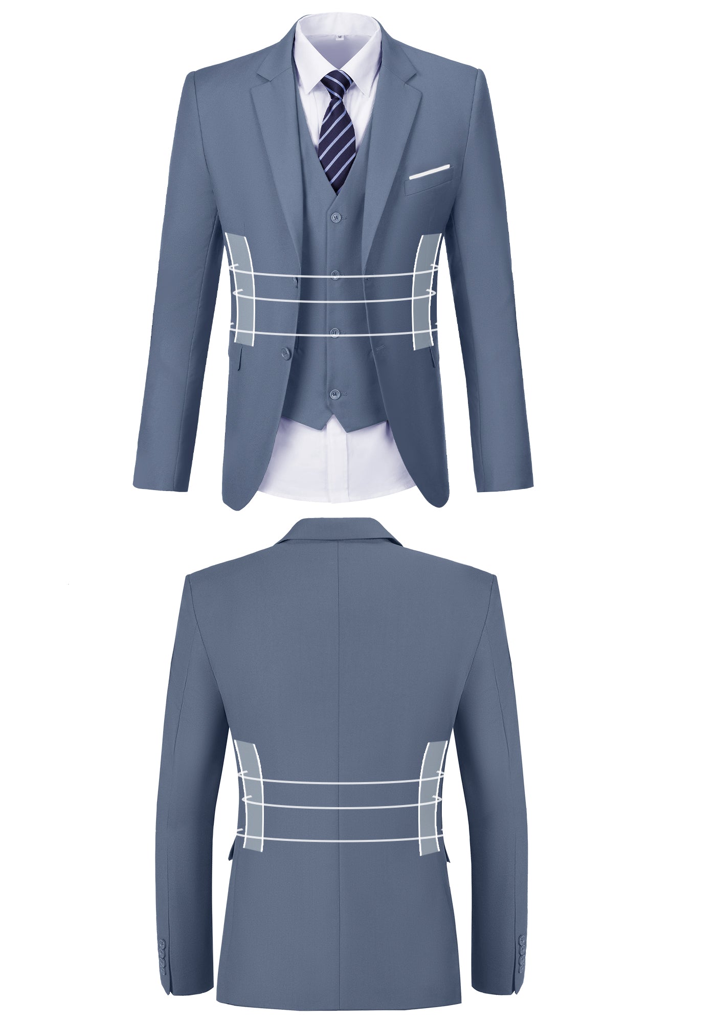 Front and back view of denim blue suit jacket showing fit, button, and stitching design