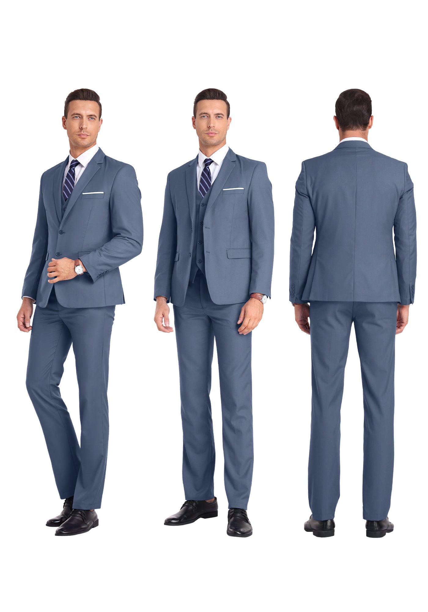 Three-angle view of model in denim blue suit from front, side, and rear, highlighting tailored fit