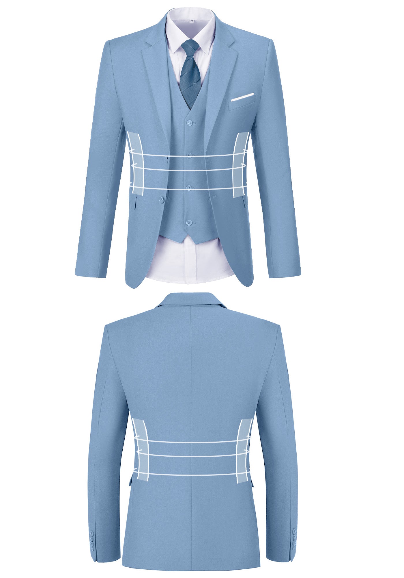 Front and back view of dusty blue suit jacket showing fit, button, and stitching design