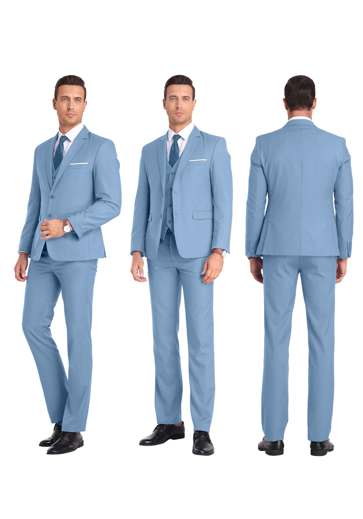 Three-angle view of model in dusty blue suit from front, side, and rear, highlighting tailored fit
