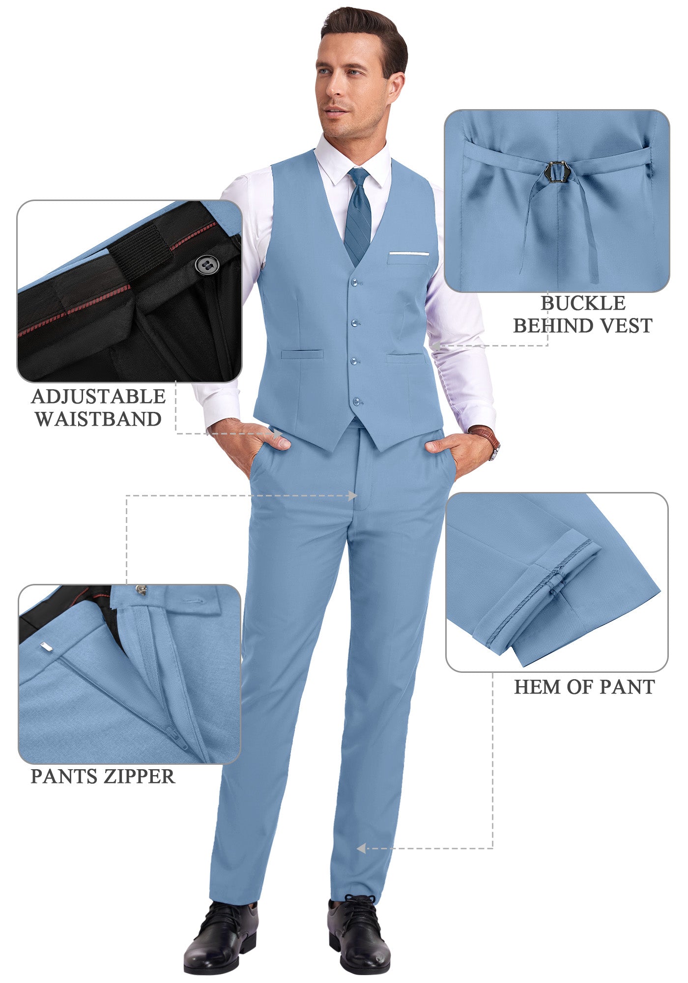 dusty blue vest and pants displayed on model with zoom-in details on waistband, zipper, and vest buckle