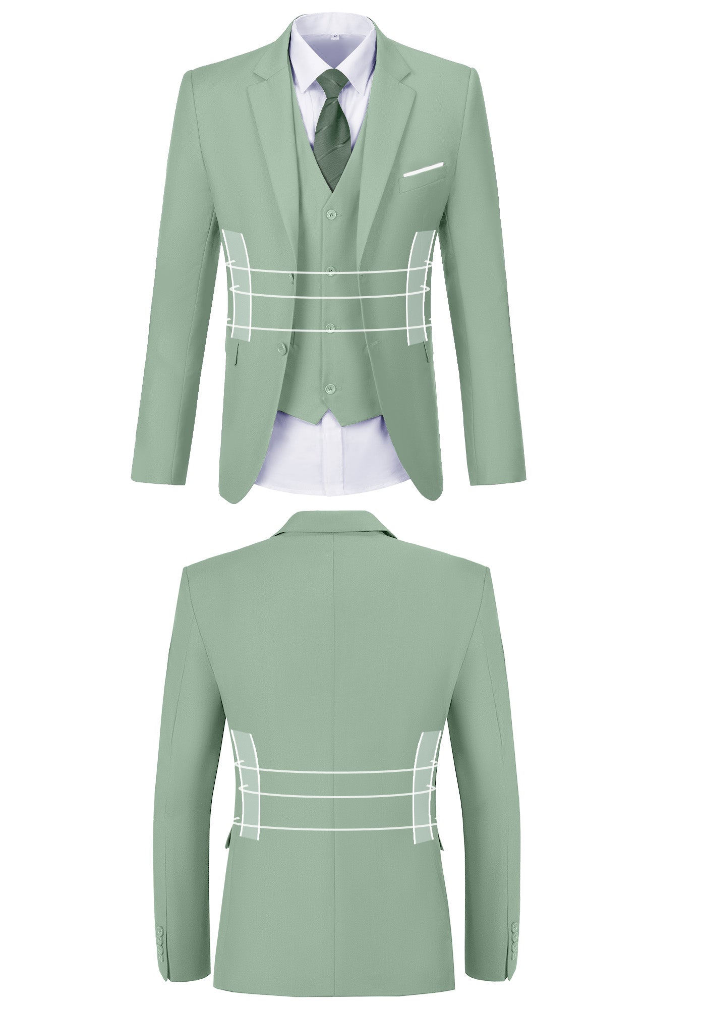 Front and back view of sage green suit jacket showing fit, button, and stitching design