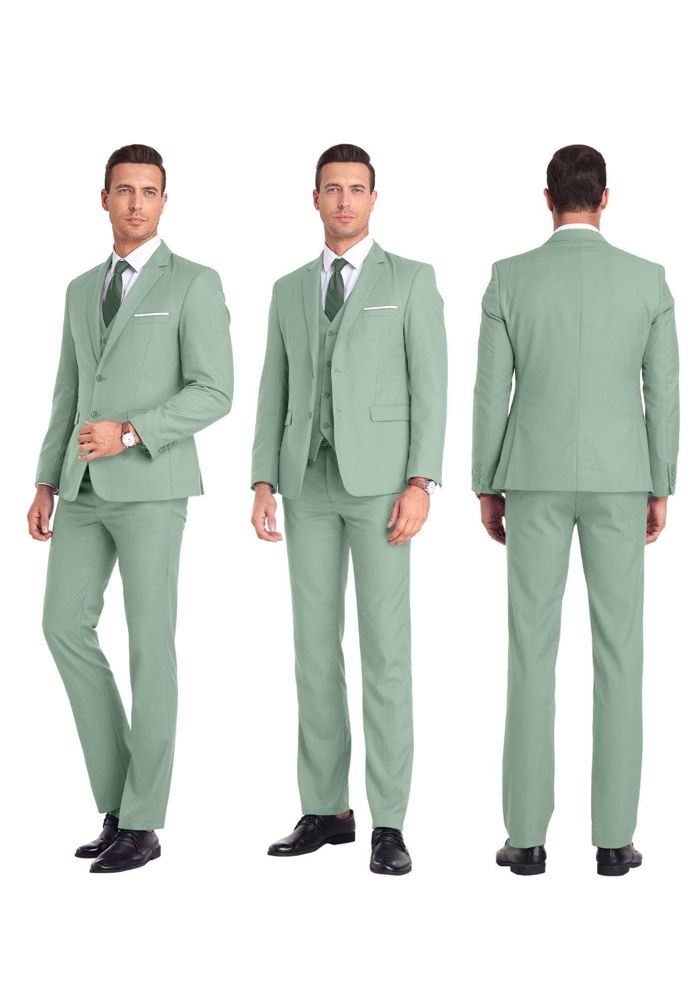 Three-angle view of model in sage green suit from front, side, and rear, highlighting tailored fit