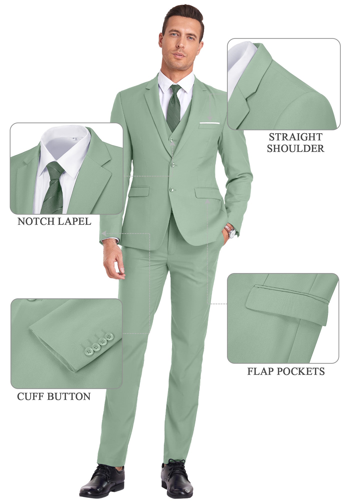 sage green vest and pants displayed on model with zoom-in details on waistband, zipper, and vest buckle