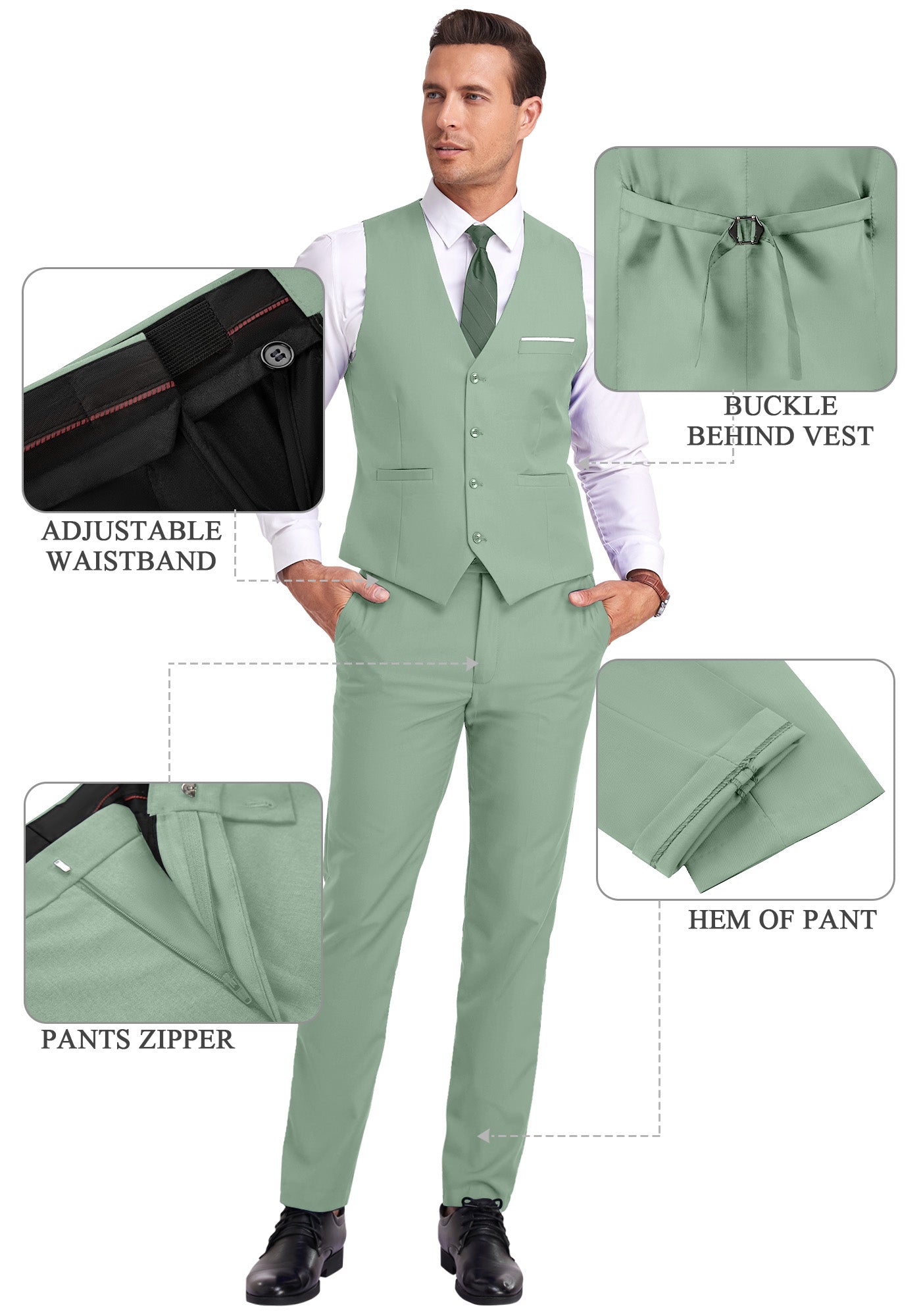 Feature callouts on sage green suit showing notch lapel, flap pockets, cuff buttons, and shoulder cut