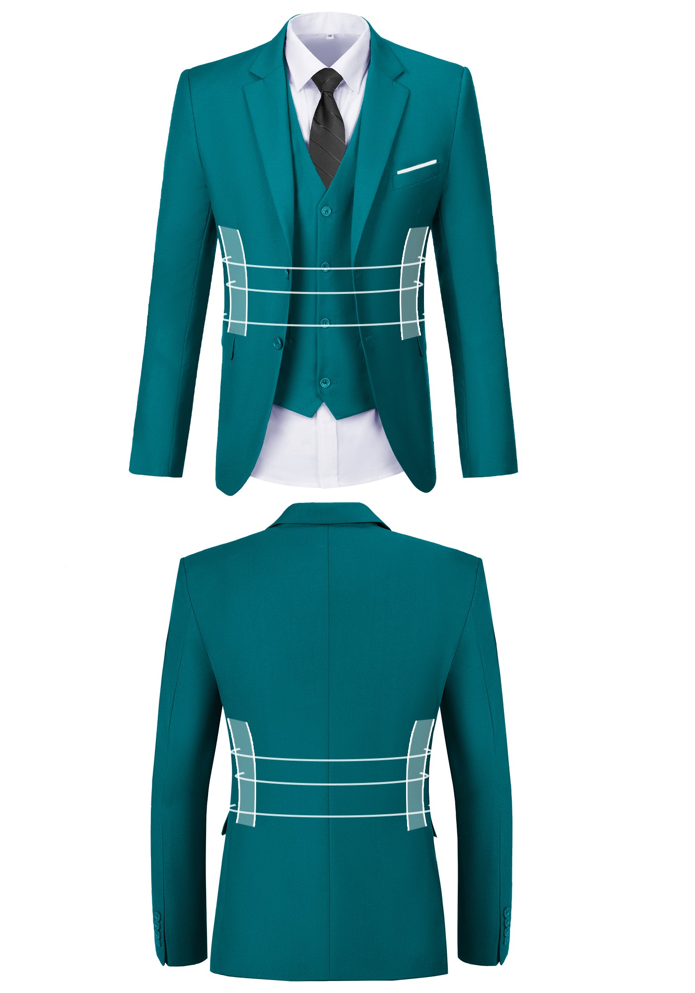 Front and back view of green suit jacket showing fit, button, and stitching design