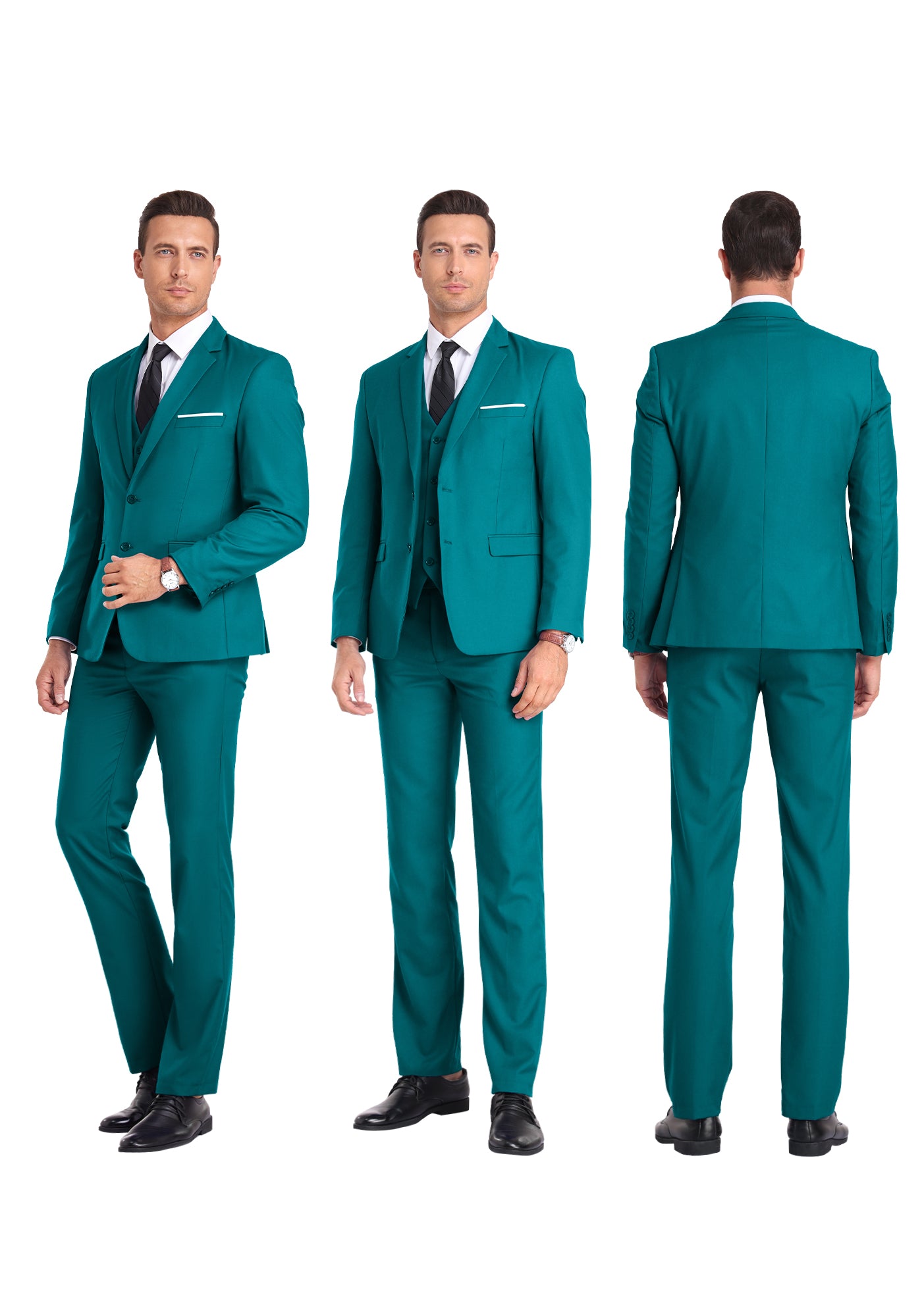 Three-angle view of model in green suit from front, side, and rear, highlighting tailored fit