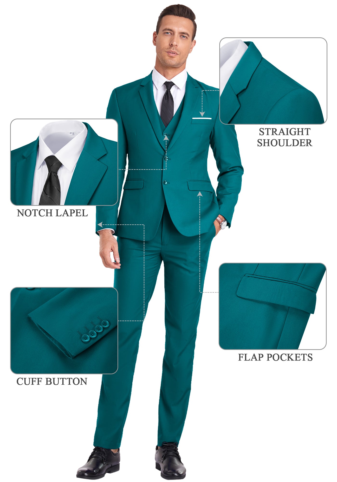 Feature callouts on green suit showing notch lapel, flap pockets, cuff buttons, and shoulder cut