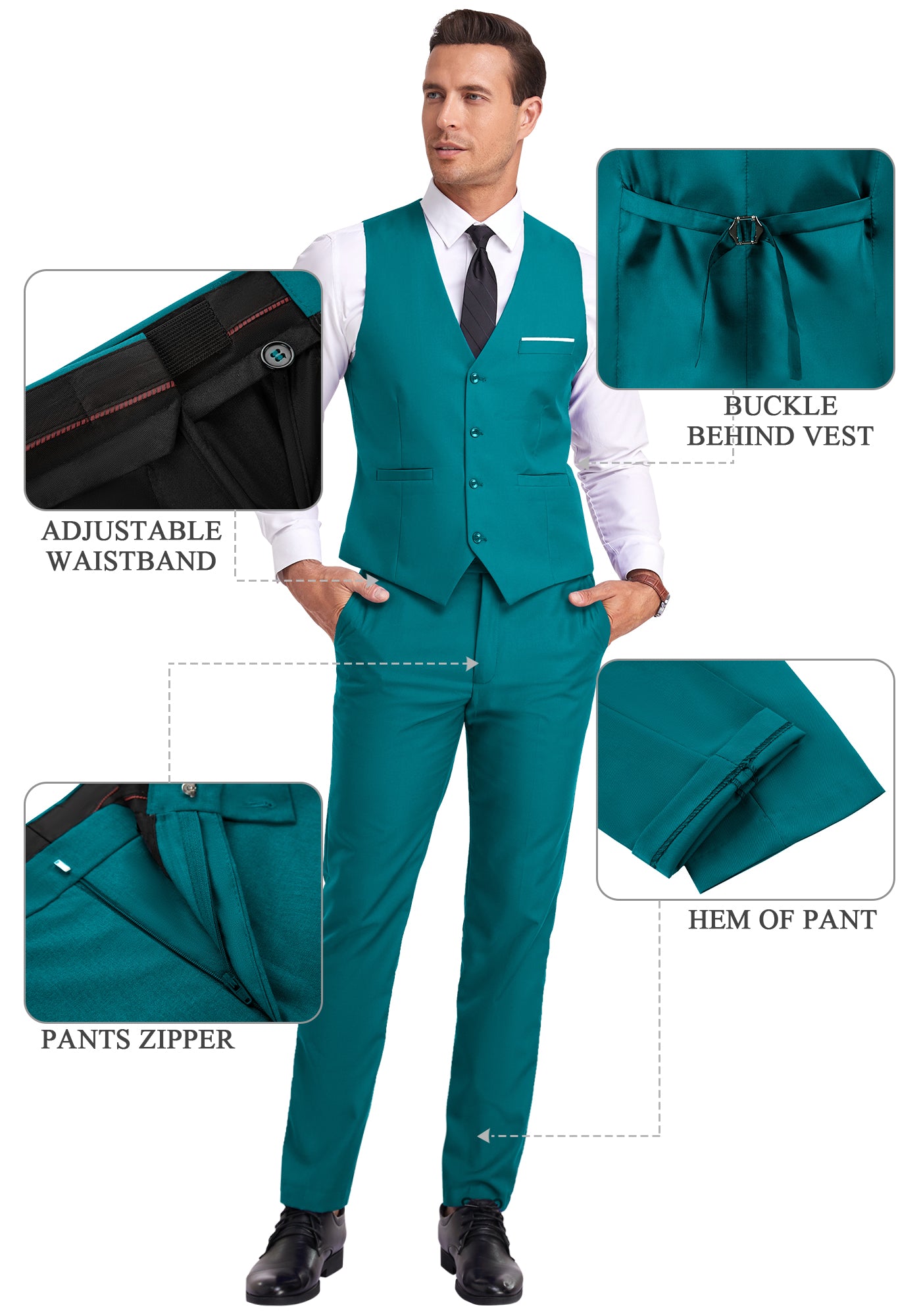 green vest and pants displayed on model with zoom-in details on waistband, zipper, and vest buckle