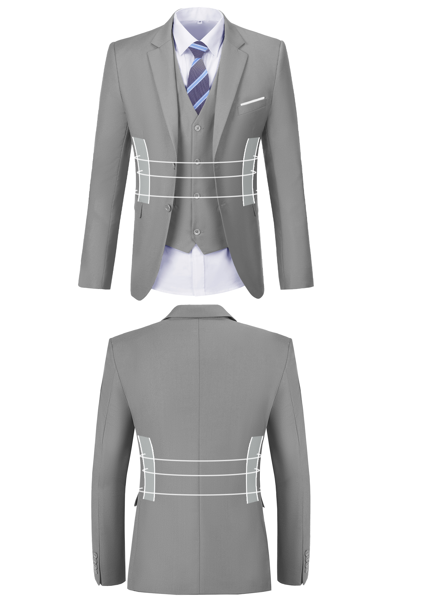 Front and back view of grey suit jacket showing fit, button, and stitching design