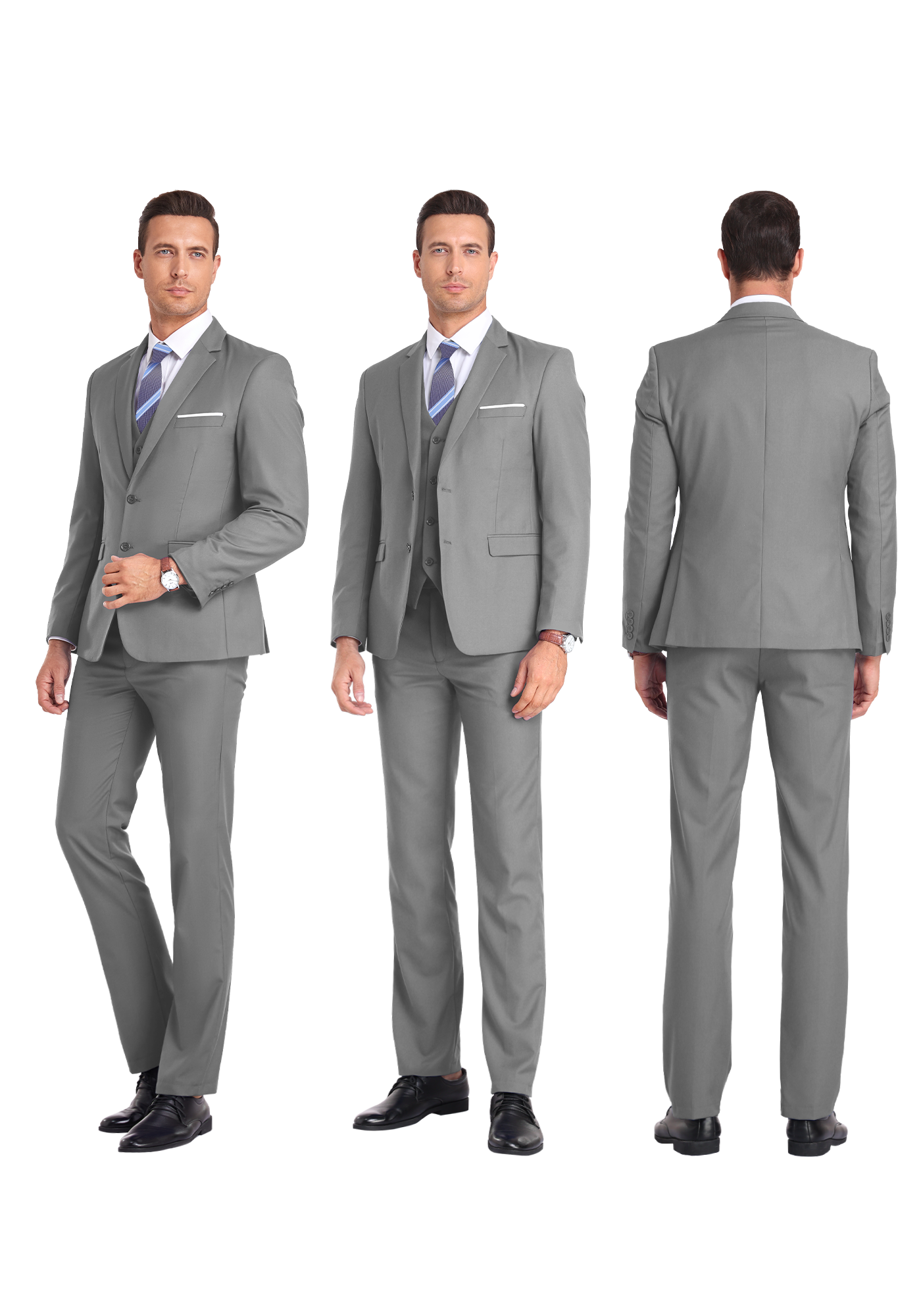 Three-angle view of model in grey suit from front, side, and rear, highlighting tailored fit