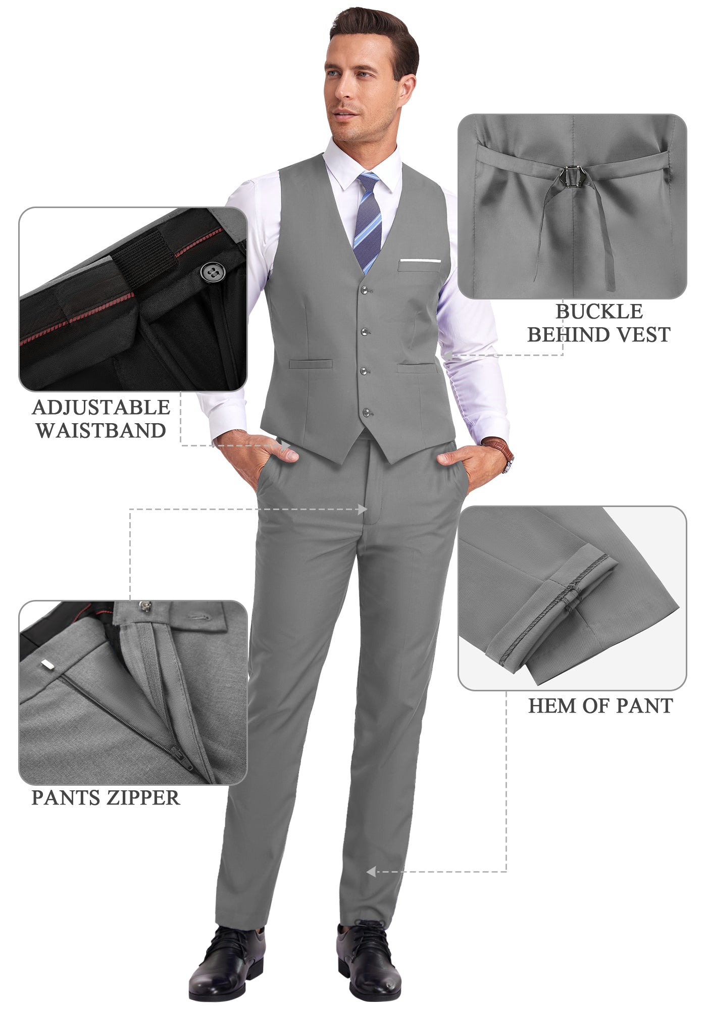 grey vest and pants displayed on model with zoom-in details on waistband, zipper, and vest buckle