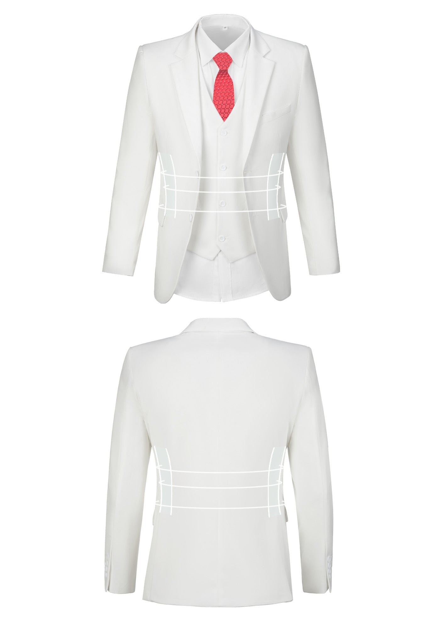 Front and back view of ivory suit jacket showing fit, button, and stitching design