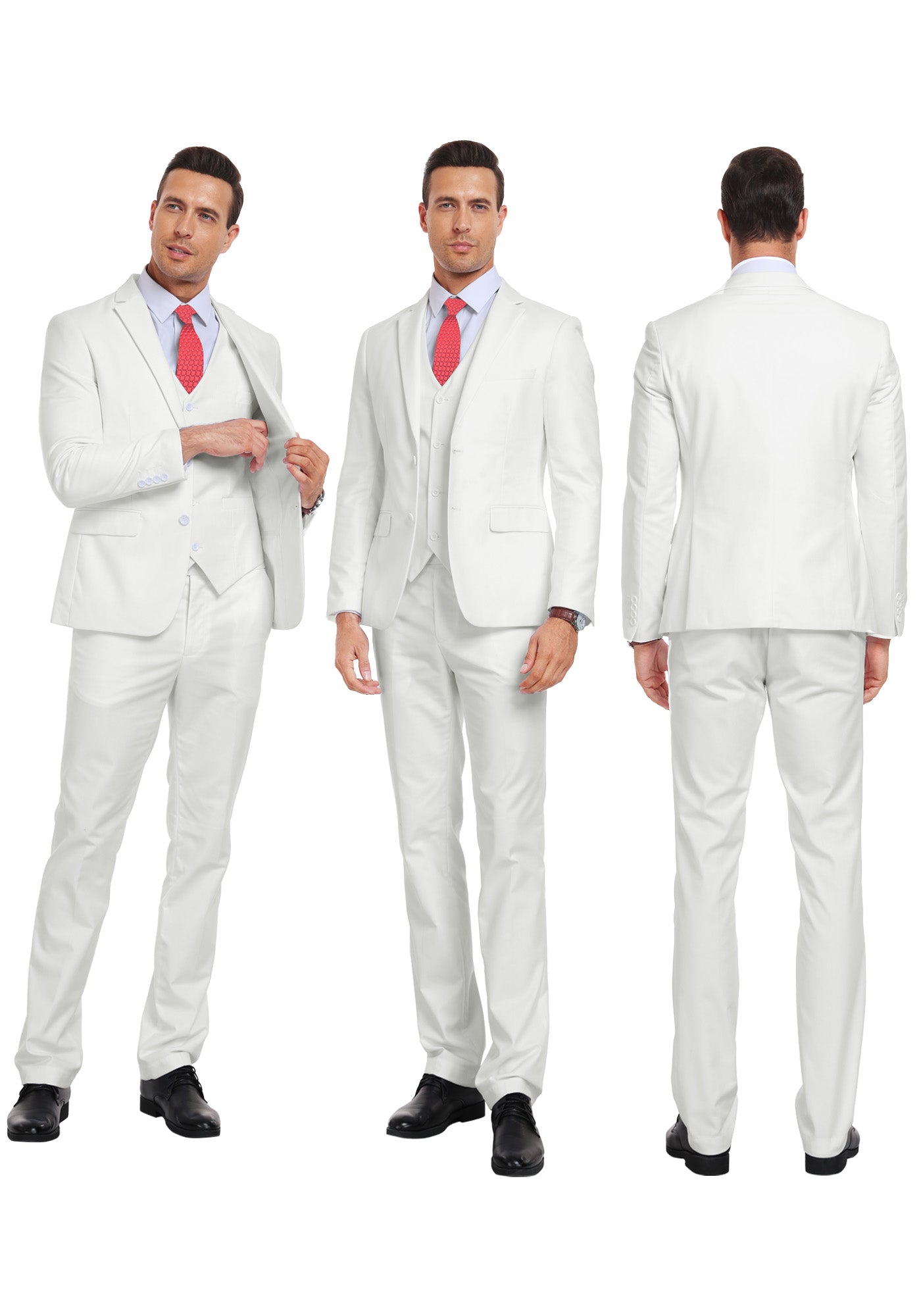 Three-angle view of model in ivory suit from front, side, and rear, highlighting tailored fit