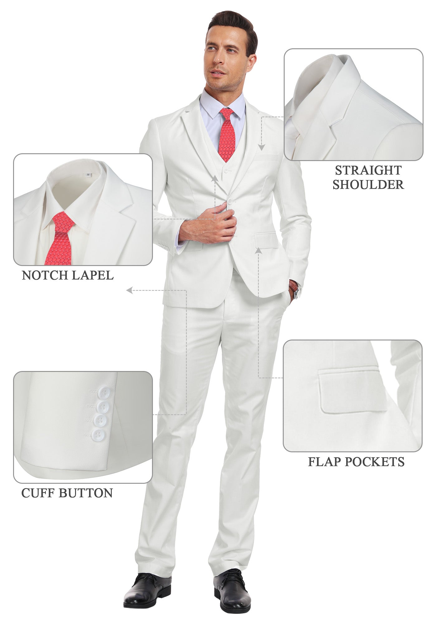 Feature callouts on ivory suit showing notch lapel, flap pockets, cuff buttons, and shoulder cut