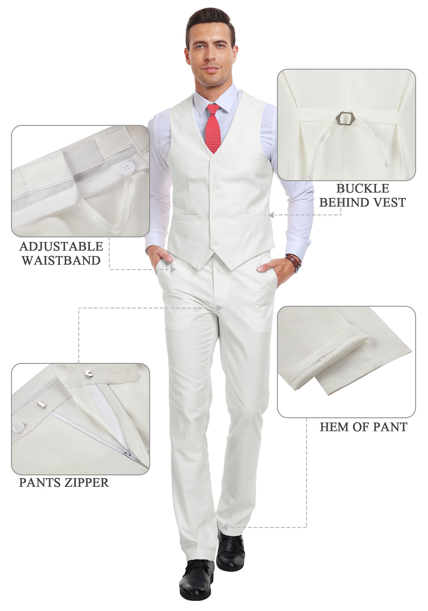 ivory vest and pants displayed on model with zoom-in details on waistband, zipper, and vest buckle