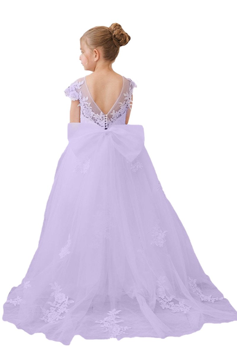 Wehilion flower girl tulle dress in lavender with floral lace detail and a bow at the back