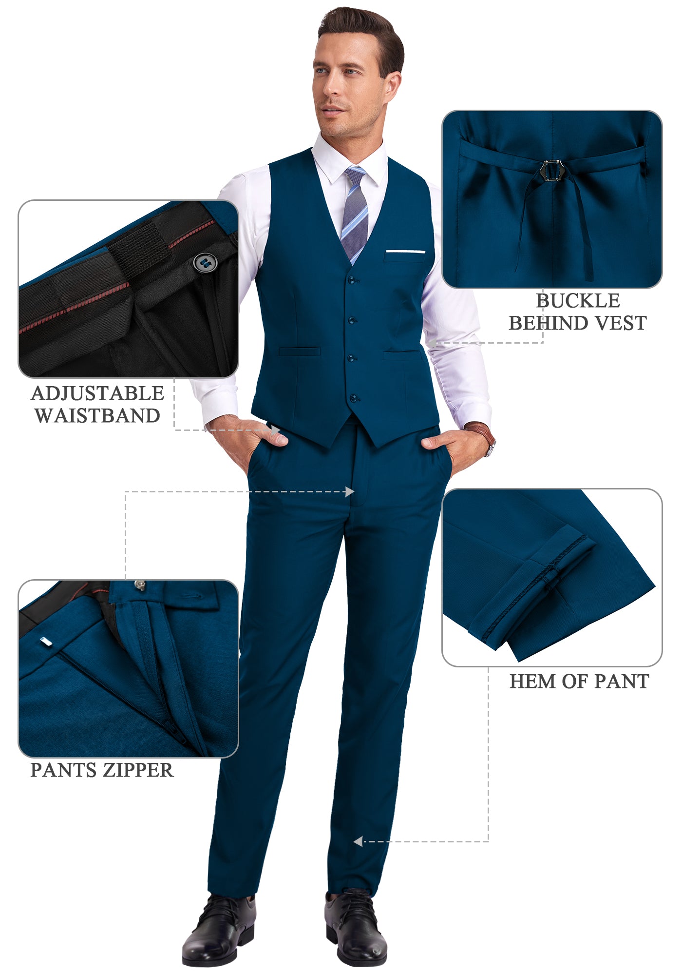 Feature callouts on lake blue suit showing notch lapel, flap pockets, cuff buttons, and shoulder cut