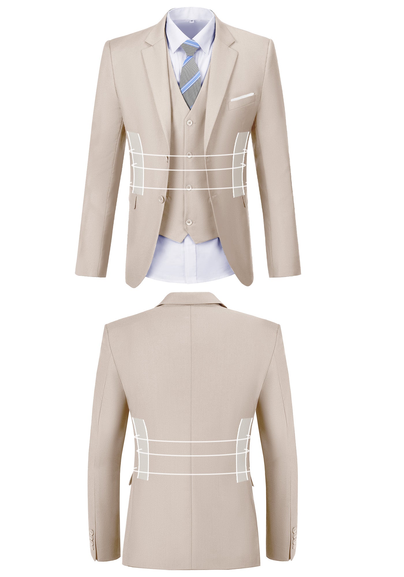 Front and back view of light champagne suit jacket showing fit, button, and stitching design