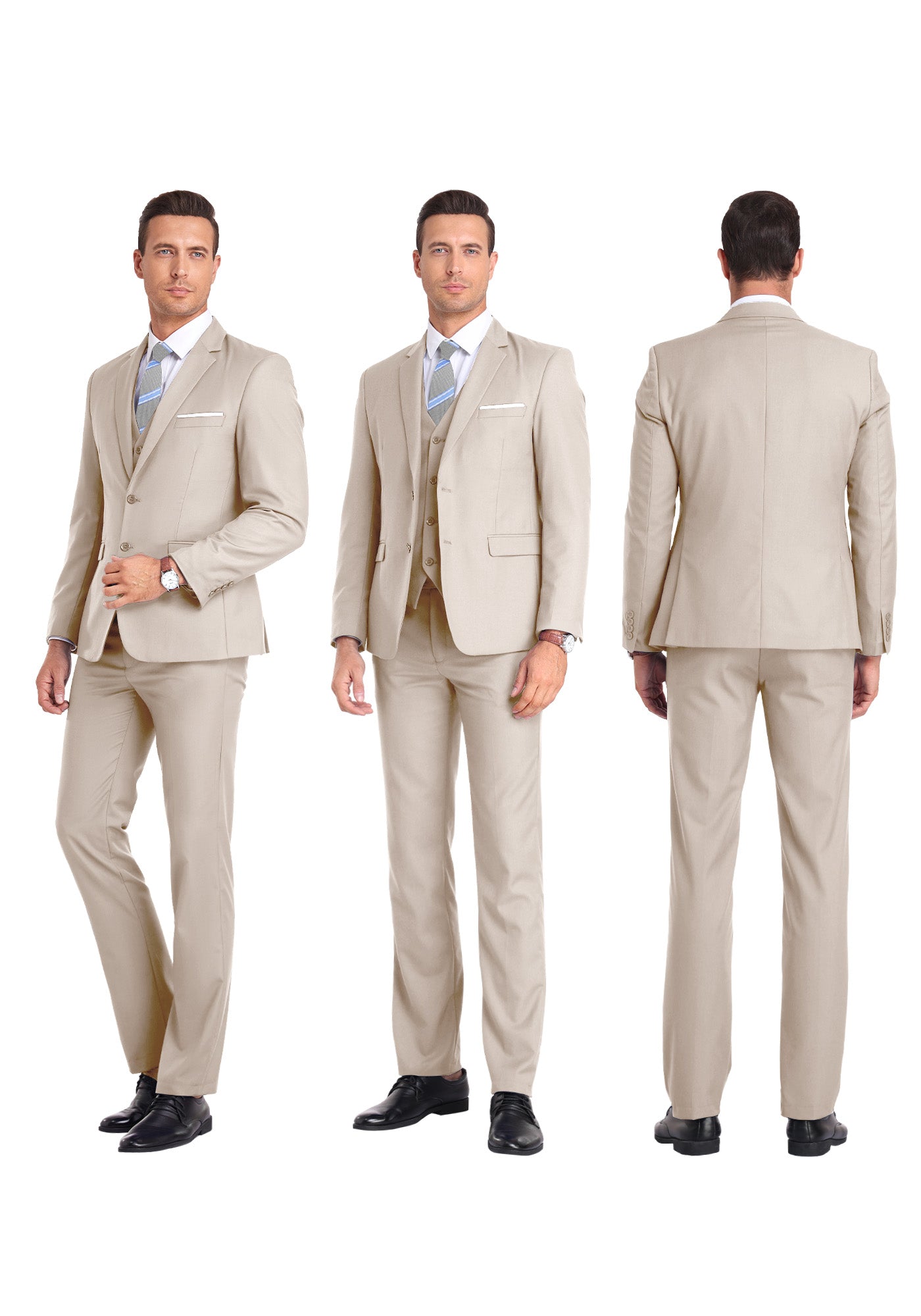 Three-angle view of model in light champagne suit from front, side, and rear, highlighting tailored fit