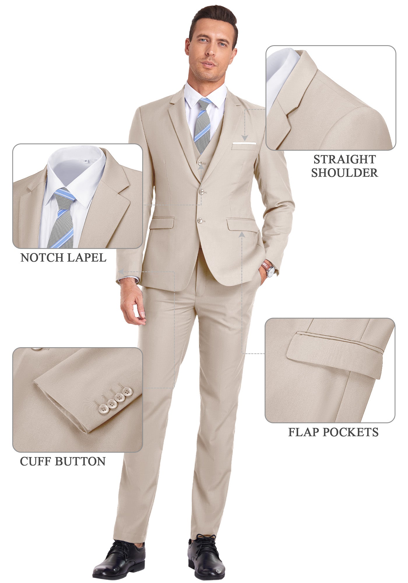 Feature callouts on light champagne suit showing notch lapel, flap pockets, cuff buttons, and shoulder cut