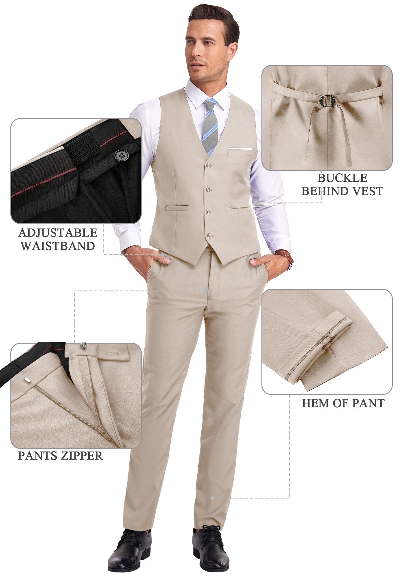 light champagne vest and pants displayed on model with zoom-in details on waistband, zipper, and vest buckle