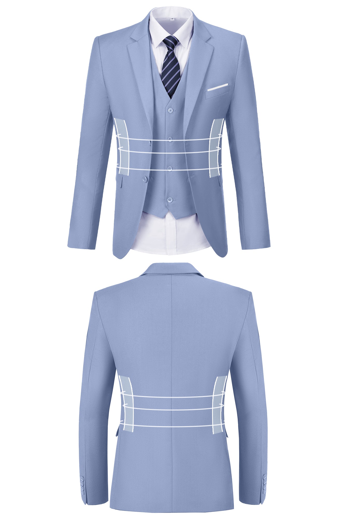 Front and back view of light purple suit jacket showing fit, button, and stitching design