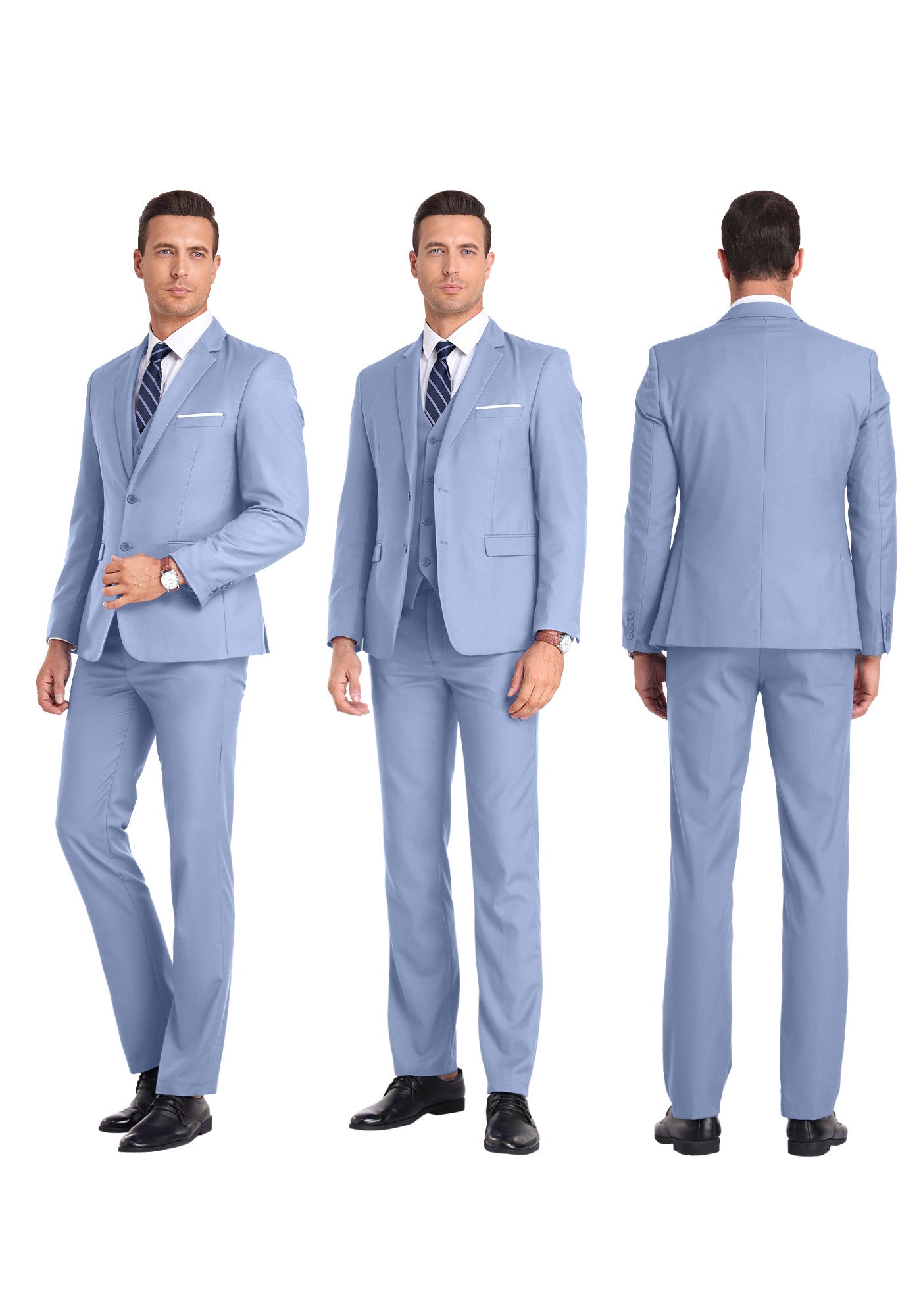 Three-angle view of model in light purple suit from front, side, and rear, highlighting tailored fit