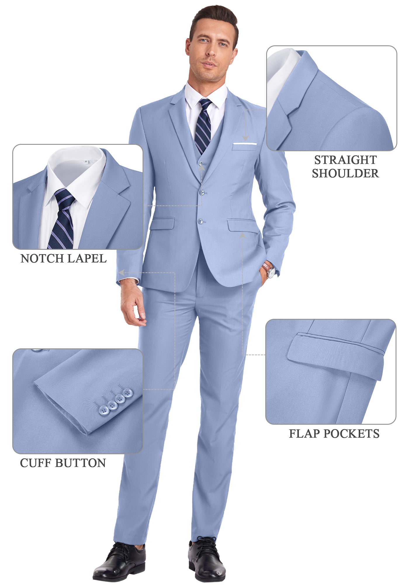 Feature callouts on light purple suit showing notch lapel, flap pockets, cuff buttons, and shoulder cut