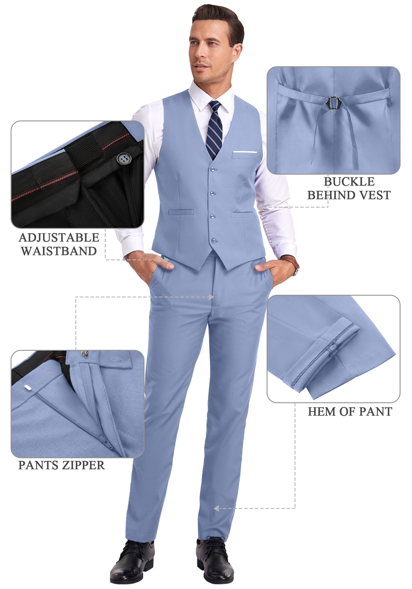 light purple vest and pants displayed on model with zoom-in details on waistband, zipper, and vest buckle