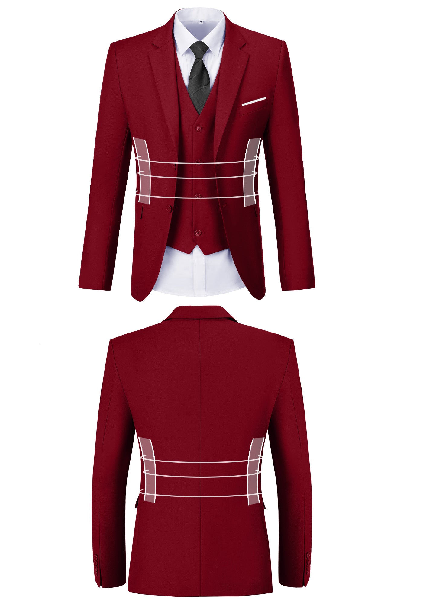 Front and back view of red suit jacket showing fit, button, and stitching design