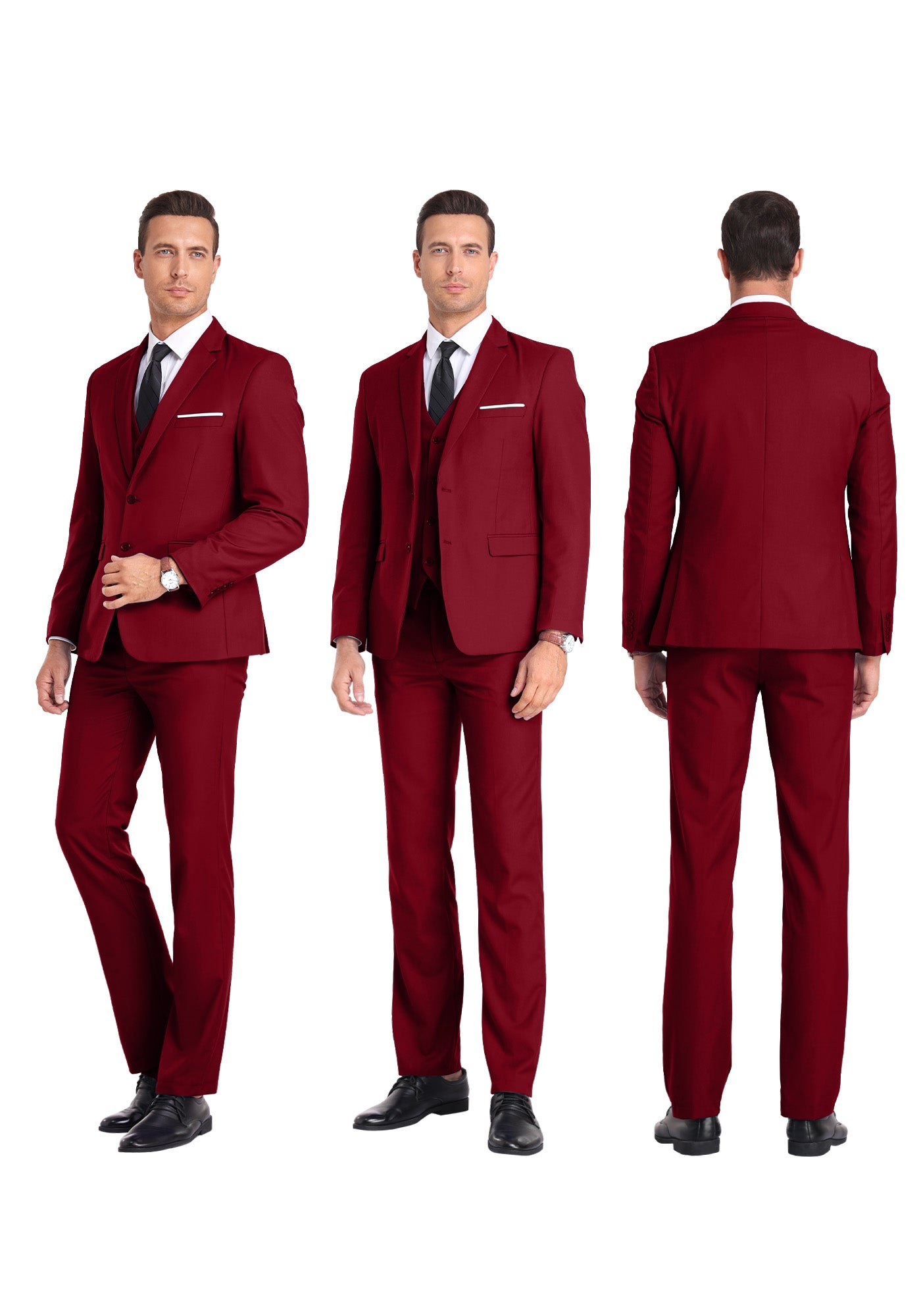 Three-angle view of model in red suit from front, side, and rear, highlighting tailored fit