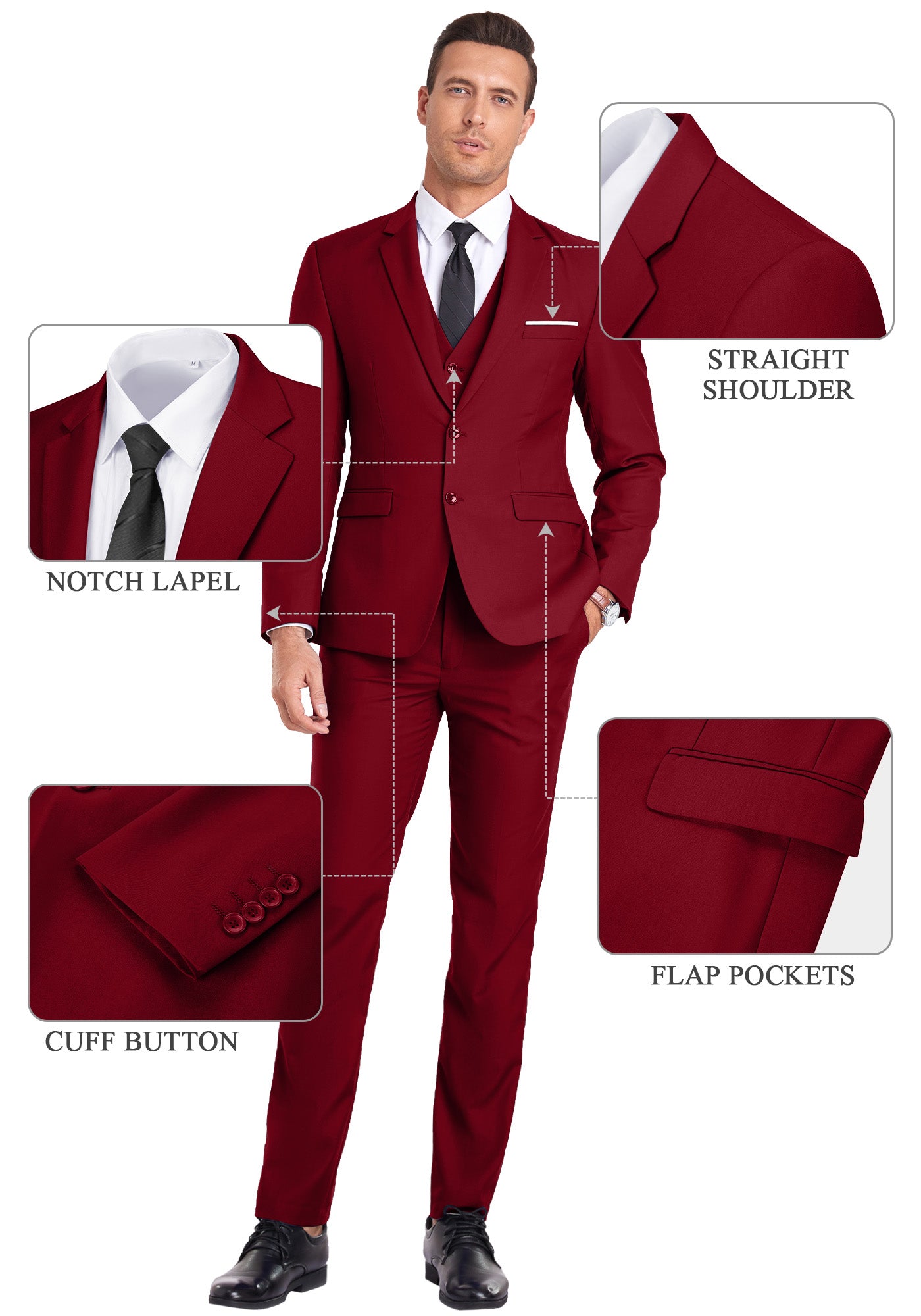 Feature callouts on red suit showing notch lapel, flap pockets, cuff buttons, and shoulder cut