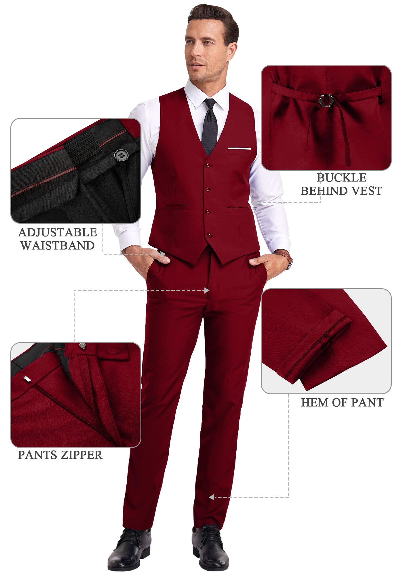 red vest and pants displayed on model with zoom-in details on waistband, zipper, and vest buckle