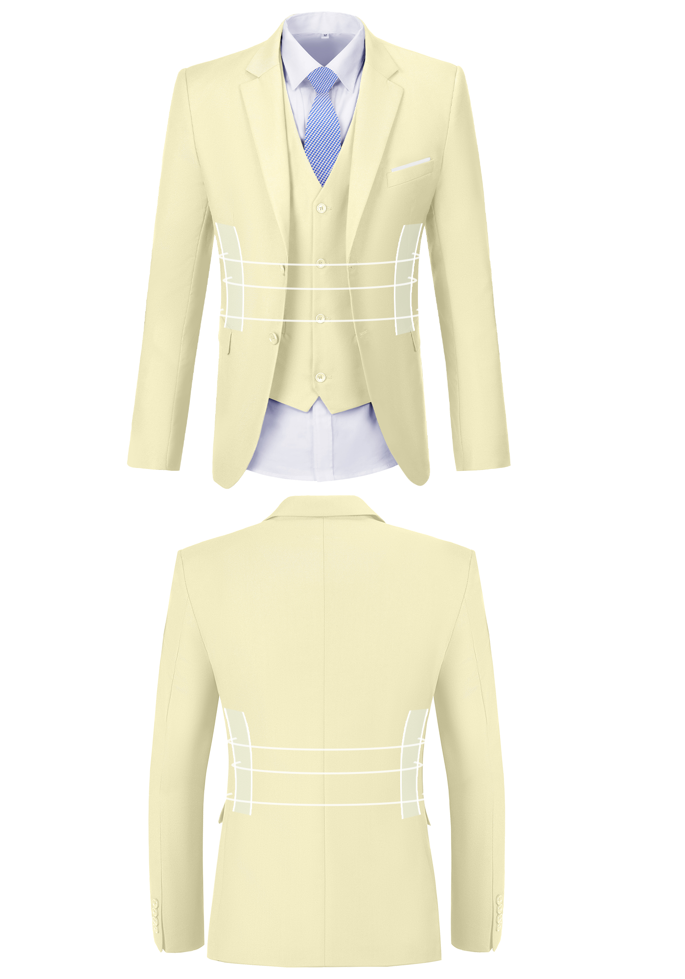 Front and back view of light yellow suit jacket showing fit, button, and stitching design