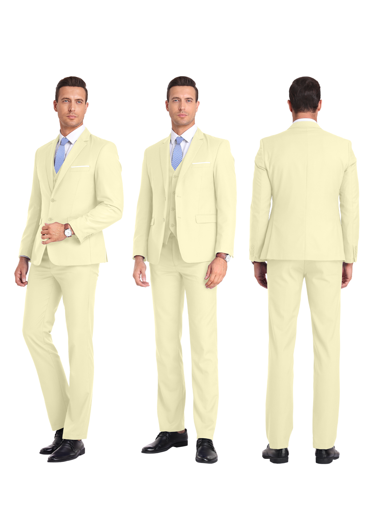 Three-angle view of model in light yellow suit from front, side, and rear, highlighting tailored fit