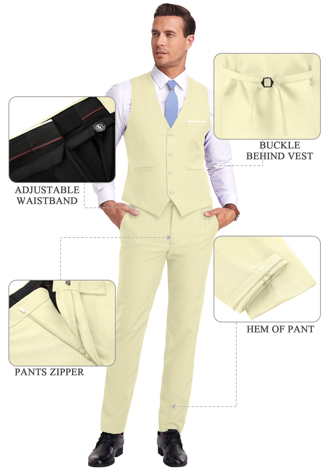 light yellow vest and pants displayed on model with zoom-in details on waistband, zipper, and vest buckle