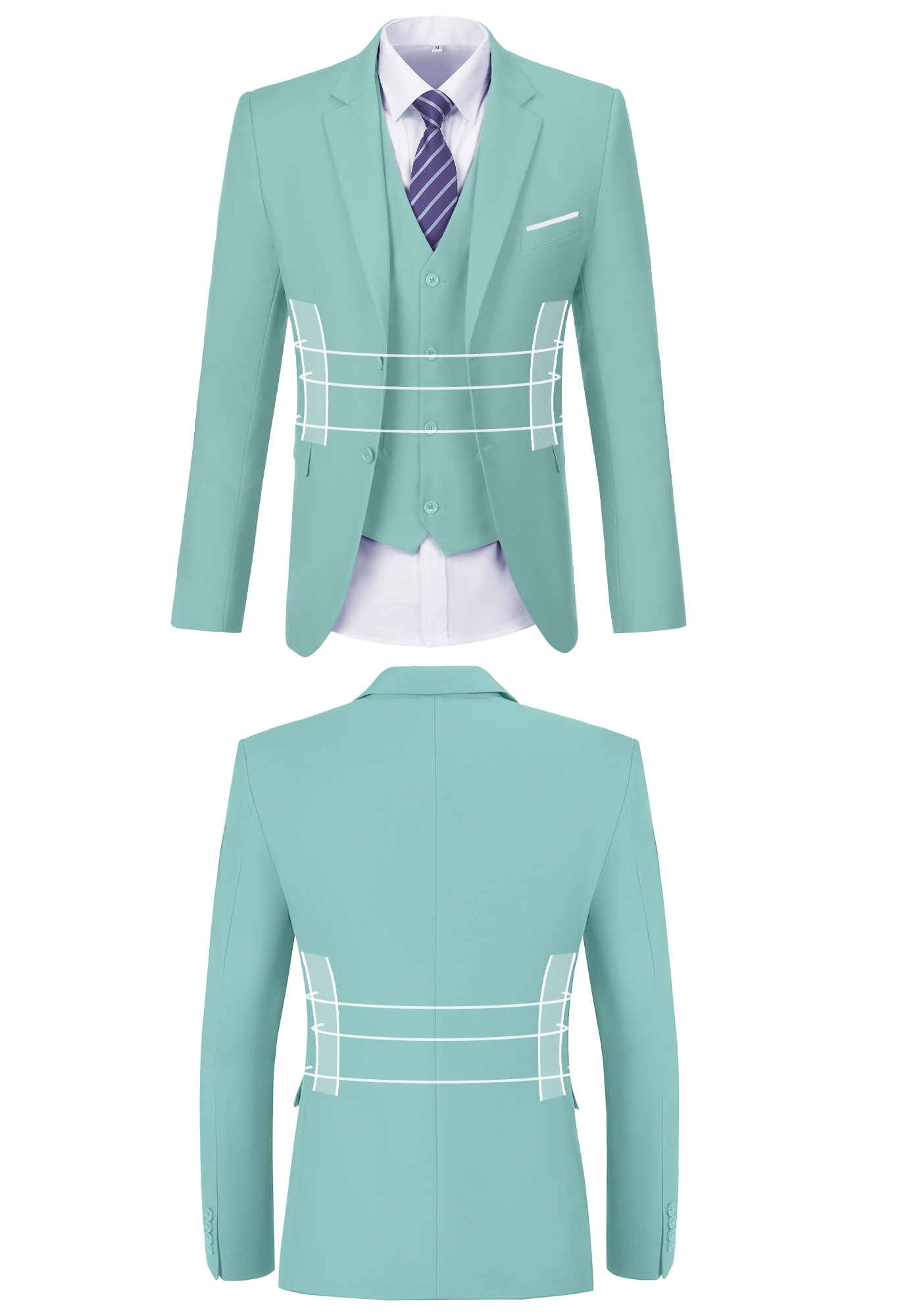 Front and back view of mint green suit jacket showing fit, button, and stitching design