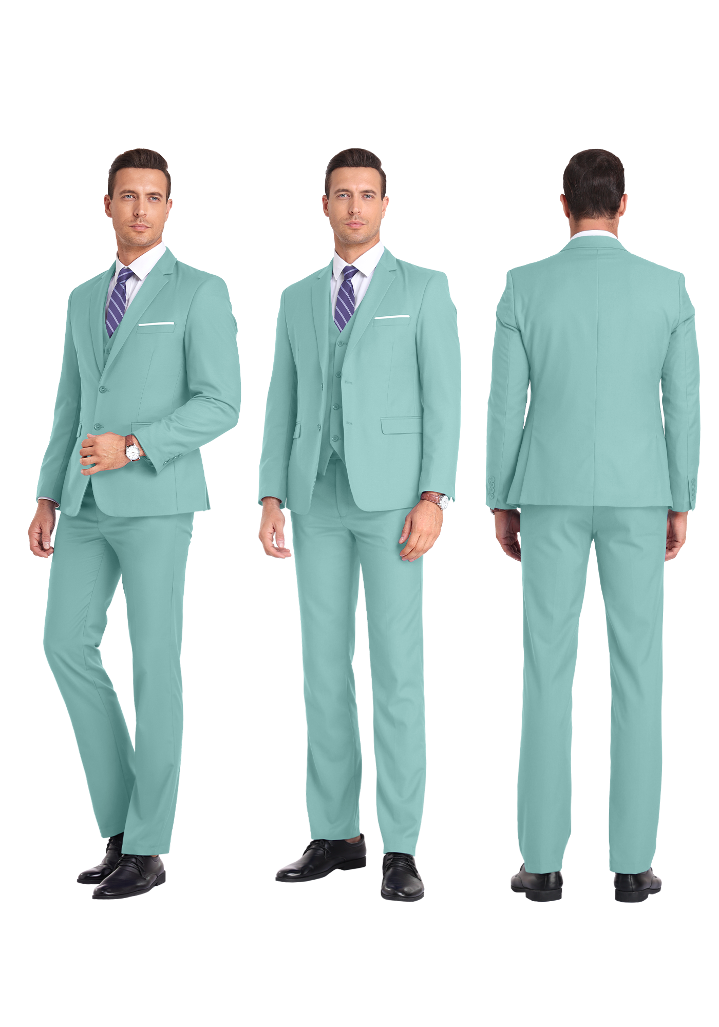 Three-angle view of model in mint green suit from front, side, and rear, highlighting tailored fit