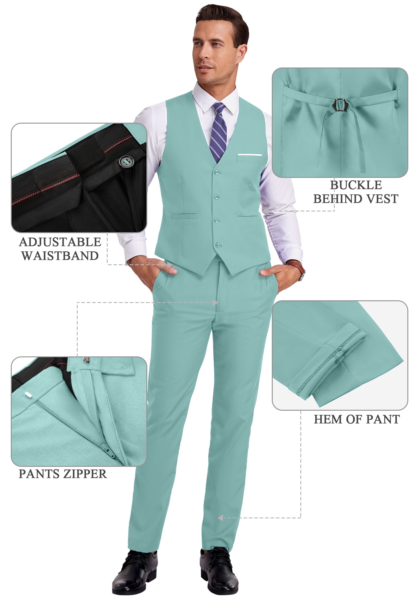 mint green vest and pants displayed on model with zoom-in details on waistband, zipper, and vest buckle
