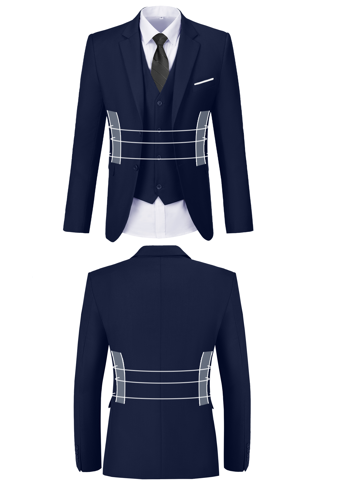 Front and back view of navy blue suit jacket showing fit, button, and stitching design