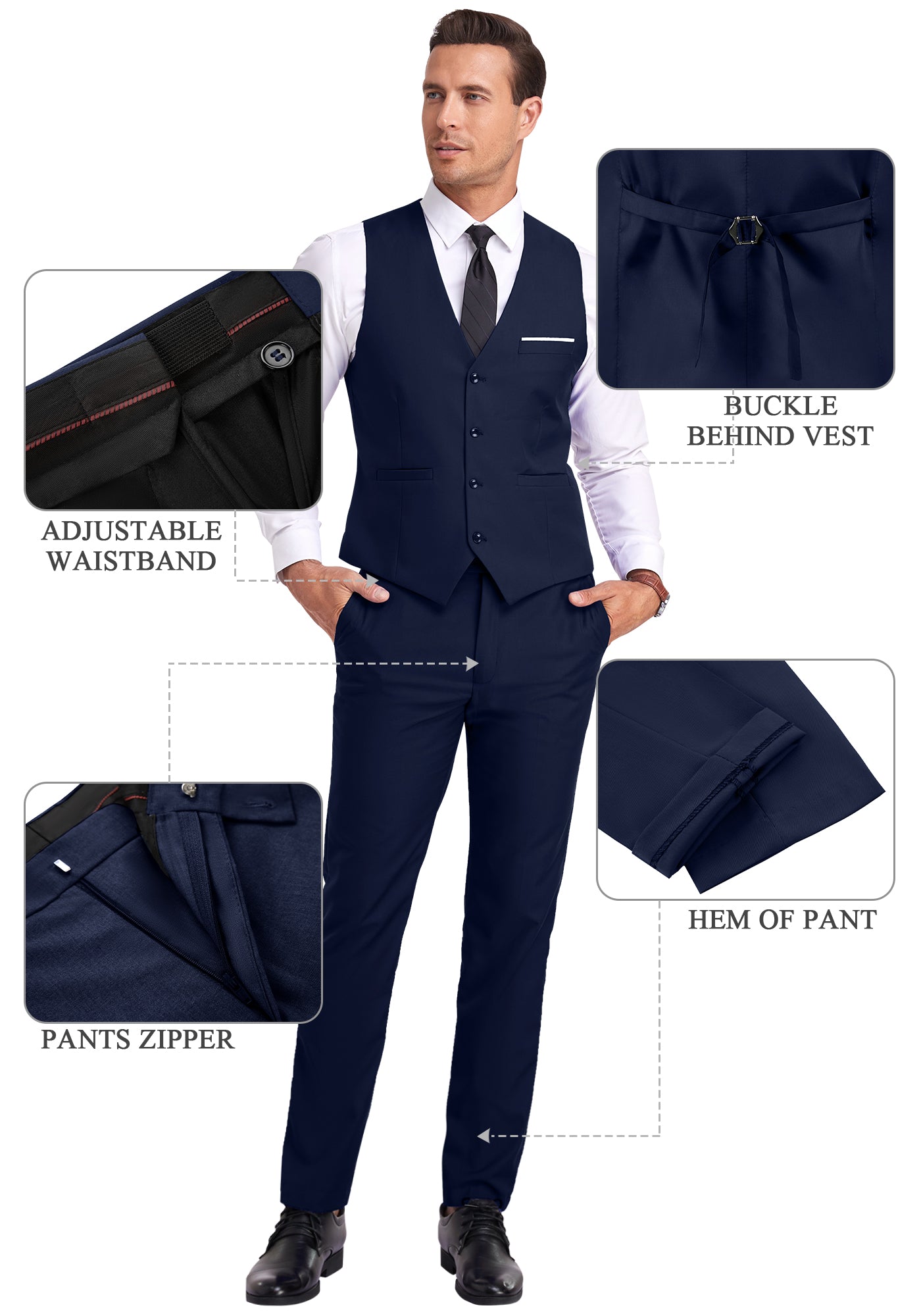 navy blue vest and pants displayed on model with zoom-in details on waistband, zipper, and vest buckle