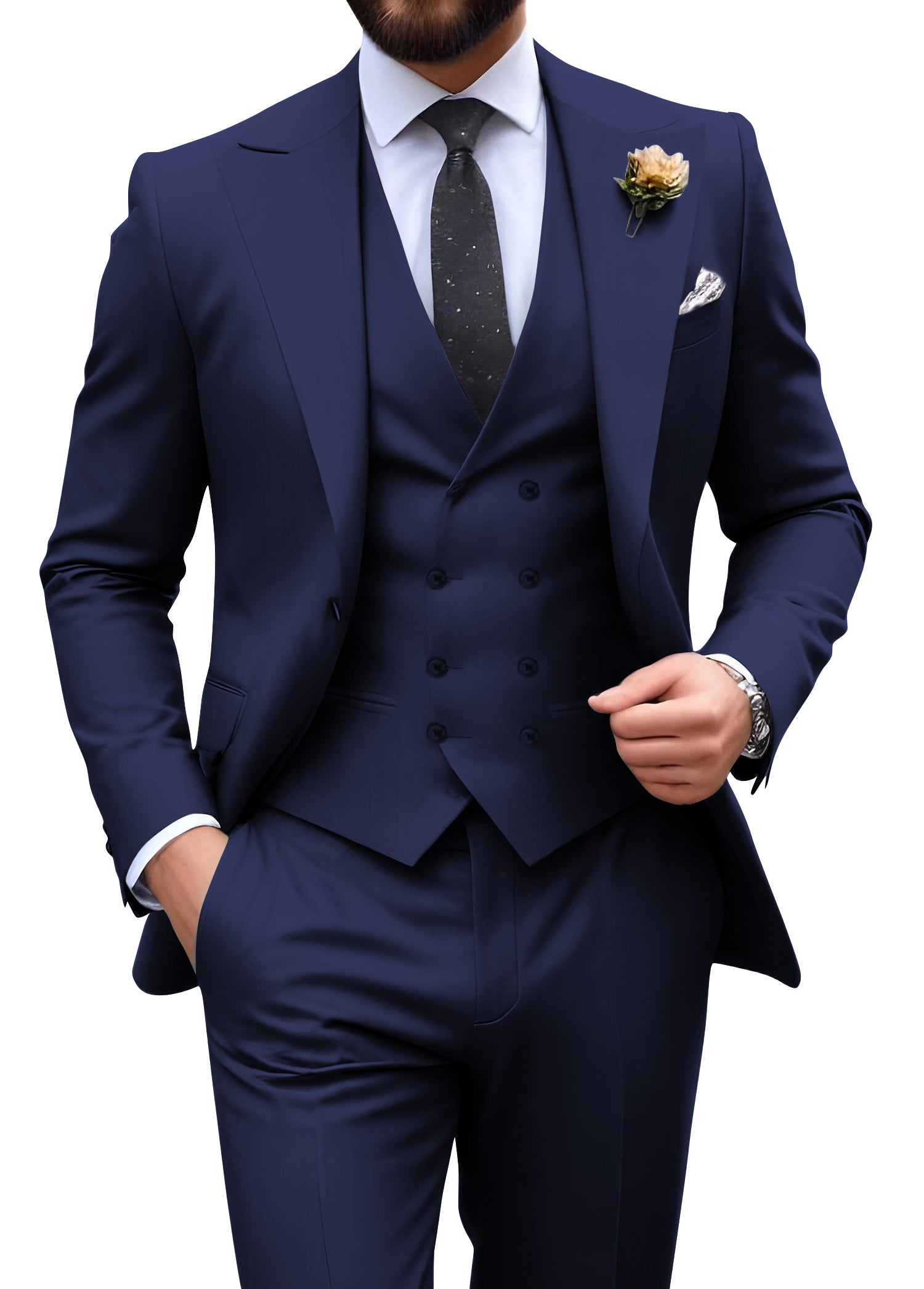 Men’s royal blue tuxedo set with tailored fit blazer, formal vest, and dress pants – ideal for casual weddings or prom