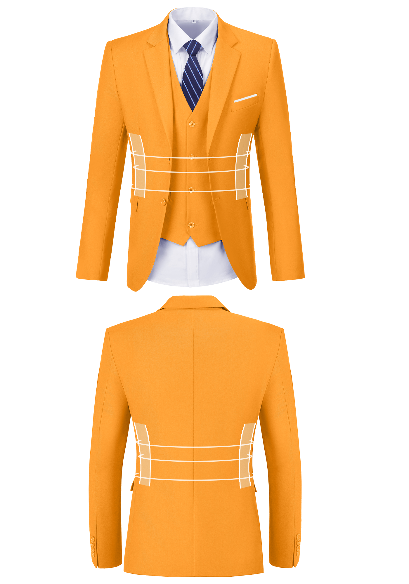 Front and back view of orange suit jacket showing fit, button, and stitching design