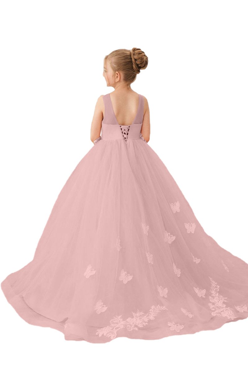 Wehilion Applique Tulle Princess Gown in Pink for Girls with Elegant Butterfly Design