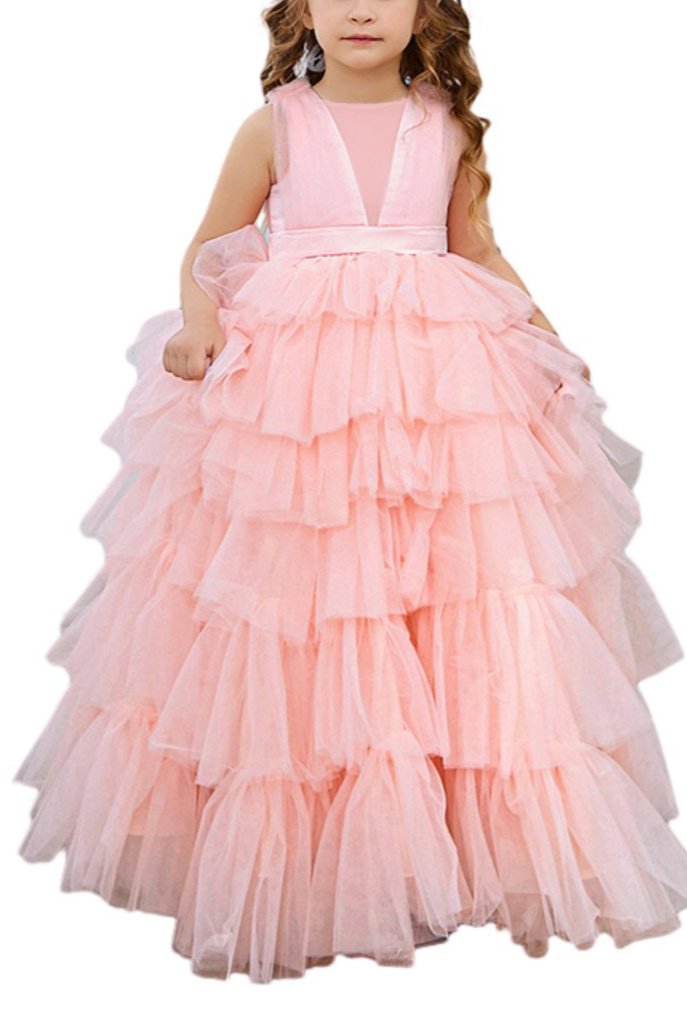 Applique Lace Tulle Flower Girl Dress for Wedding Princess Pageant Party Gown