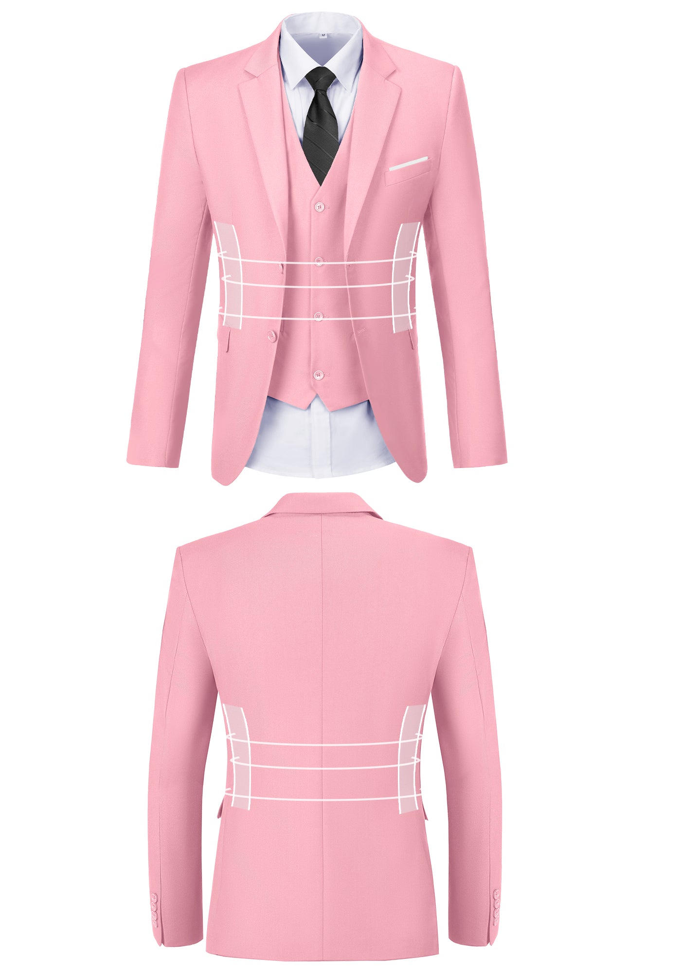 Front and back view of pink suit jacket showing fit, button, and stitching design