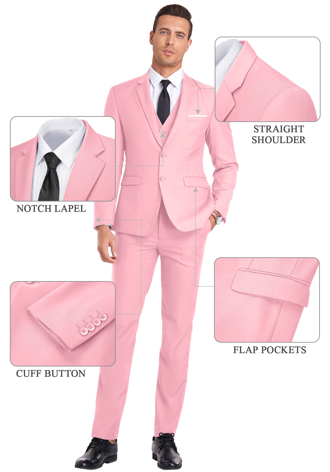 pink vest and pants displayed on model with zoom-in details on waistband, zipper, and vest buckle